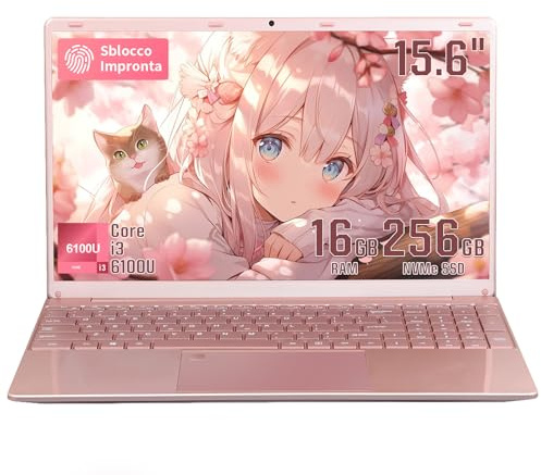 LONGEVINCE 2026 PC Portatile 15,6 Pollici laptop, Notebook Win11 pro,Core i3-6100U Processor, 16GB RAM 256GB SSD, Tastiera Retroilluminata Ultrabook, Impronte Digitale, WiFi, BT5.0 (Oro rosa)