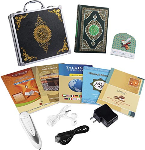 Coran avec Stylo Lecteur Mot à Mot Tafsir, Sahih Bukhari, Sahih Muslim Stylo Lecteur numérique de Coran Mot pour avec enregistreur Vocal Traduction Dictionnaire Parlant Plus 5 Livres Metal Box
