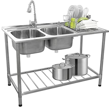 Fregadero de Cocina Doble Seno con Escurridor a la Derecha 120x79x60cm con Dispensador Jabón Tapones de Colador + Grifo GRATIS Lavaplatos Pila Cocina 2 Senos+Escurridor para Lavar Platos Kitchen Sink