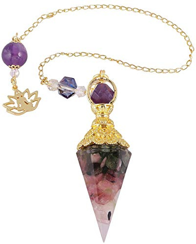 KYEYGWO Vintage Sechseckiger Goldenes Kristall Harz Pendel, Turmalin | Reiki Heilung Edelstein Anhänger Lotus Perlen Kette für Wahrsagen Fremdenergie Meditation Hypnose Esoterik Amulette
