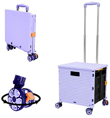FELICON SELORSS Foldable Utility Cart Folding Portable Rolling Crate Handcart with Durable Heavy Duty Plastic Telescoping Handle Collapsible 4 Rotate Wheels for Travel Shop Move Luggage Office(Purple