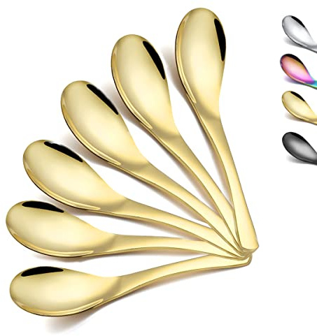 Gold Soup Spoon,Kyraton Titanium Gold Plated Stainless Steel Thick Heavy-Weight Table Spoons,Dishwasher Safe(6 Pieces)