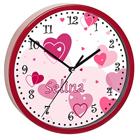 CreaDesign, Wanduhr für Kinderzimmer Herz blau, Kinderuhr rot mit Quarz Uhrwerk, personalisiert mit Name, Durchmesser 19,5 cm