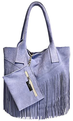 Modarno Damen-Einkaufstasche aus echtem Wildleder mit Fransen plus Schmucketui in der gleichen Farbe - Handtasche - Schultertasche, Blau / Lila