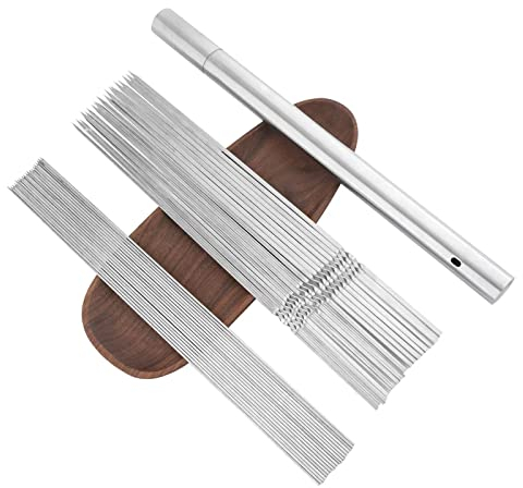 QQ CAT Set di 41 Pezzi Piatte in Acciaio Inox 20 Pezzi 40 cm con Manico e griglia Rotonda in Metallo 20 Pezzi 40 cm con Tubo di conservazione per spiedini in Acciaio Inox per Barbecue Grigliatura