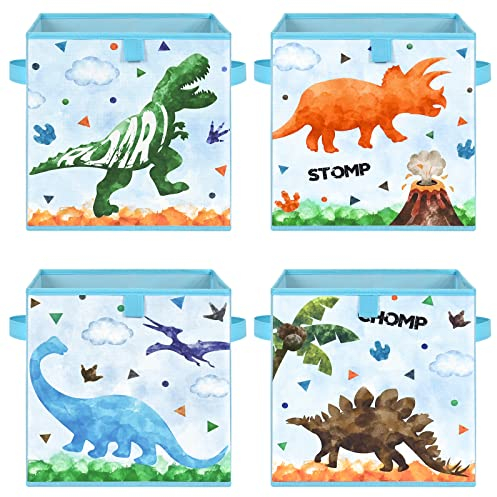 WERNNSAI Dinosaurier Aufbewahrungsbehälter - 4er-Pack Faltbare Aufbewahrungswürfel aus Stoff Organizer für Kinder Dekorative Aufbewahrungskörbe mit Griffen 28 cm Heimschrank Kinderzimmer Schlafzimmer