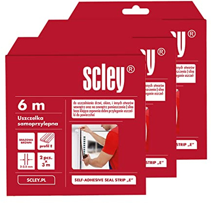 Scley Dichtungsband, Schaumstoff selbstklebend, Breite 9mm, Dicke 4mm, Länge 6m, 3 Stück, Fenster Dichtungsband, Abdichtungsband, Türdichtung selbstklebend, Profil E, 3 Stück, braun, A0398-402006