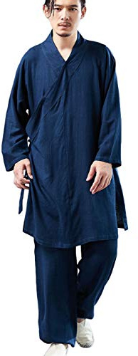 CORETIC Men's Cotton Linen Hanfu Suit Monk Uniforms Kungfu Clothes Martial Arts Clothing Tai Chi Training Suit (Navy, X-Large)