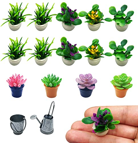 PFLYPF Lot de 14 mini pots de fleurs artificiels - Décoration d'intérieur de jardin en pot vert - 1:12 - Avec 1 arrosoir et un seau