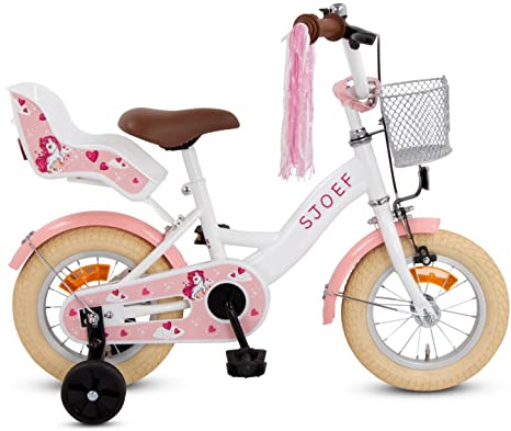 SJOEF Dolly Kinderfahrrad 12 Zoll | Ab 2-4 Jahre | einfache Montage (95% vormontiert) | Kinder Fahrrad für Mädchen/Jugend | Kleidergröße von 90 bis 105 cm | inklusive Stützräder - Weiß