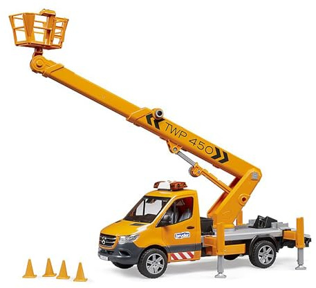 bruder 02679 - MB Sprinter con piattaforma di lavoro e modulo luci e suoni, veicoli da cantiere, trasportatore, camion, operaio edile, giocattoli dai 4 anni in su