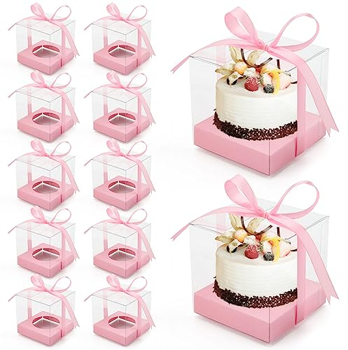 Anglecai 12 Pack Pink Clear Plastic Cupcake Boxes, 3.5 Inch Square Single Cupcake Containers with Inserts and Ribbon
