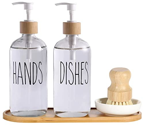 Kitchen Soap Dispenser Set, 5 PCS Hand and Dish Soap Dispenser with Bamboo Dish Scrub Brushes, and Tray, 16 Oz Glass Soap Dispenser for Kitchen Sink Farmhouse Bathroom Decor (Transparent)