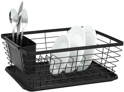 Luckyberg Geschirr Abtropfgestell,Trockner mit Kunststofftropfschale, Stahl-Kunststoff GeschrrständeriBesteckcontainer, Schwarz 36x30x14,5cm