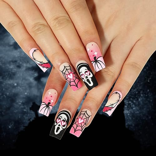 Clataly 24 Pcs Halloween Falsche Rosa Gradient Liebe Kürbis Spinnennetz Schädel Gefälschte Nägel Presse Auf Falsche Nägel