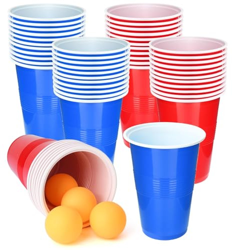SUNYIWJIE Cup Pong Game Set 22 Pcs 16 Oz Plastic Party Cups with 4 Pcs Ping Pong Balls for Christmas New Year Gift (Blue+Red)
