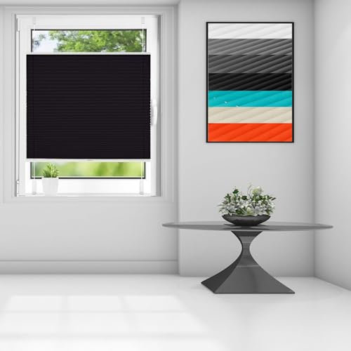Thermo Plissee Ohne Bohren 55 x 140 cm Verdunklungsplissee Lichtundurchlässig Faltrollo Plisseerollo Jalousie Inkl. Aller Montage-Teile für Fenster & Tür, Schwarz