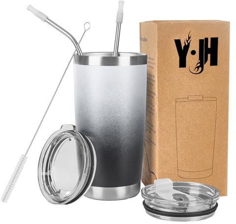 Y·J&H resebehållare med dubbla väggar, vakuumisolerad kaffemugg i rostfritt stål med 2 stänksäkra lock, 2 sugrör och gratis rengöringsborste, BPA-fri