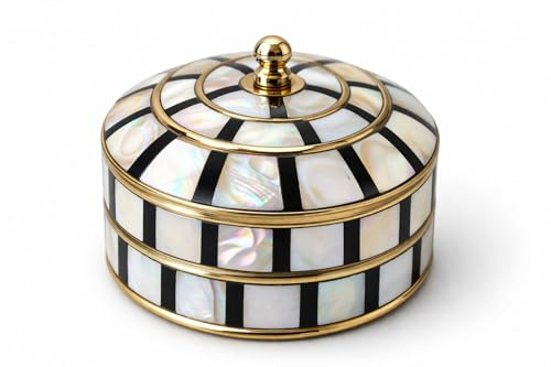 HANDTECHINDIA Round Hand Painted Decorative Jewelry Trinket Box Unique Gift for Home Decor Antique Metal Case with Mother of Pearl Sindoor/Coin/Jewelry Storage Box for Women (TYPE-5)