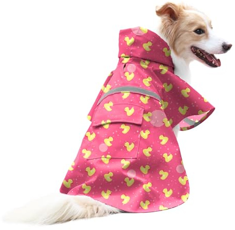 DELIFUR Large Dog Raincoat- Waterproof Dog Rain Poncho Adjustable Double Layer Rain Jacket with Hood for Medium Large Dogs Designed with Leash Hole Reflective Strip and Ducks (Pink Duck, XXX-Large)