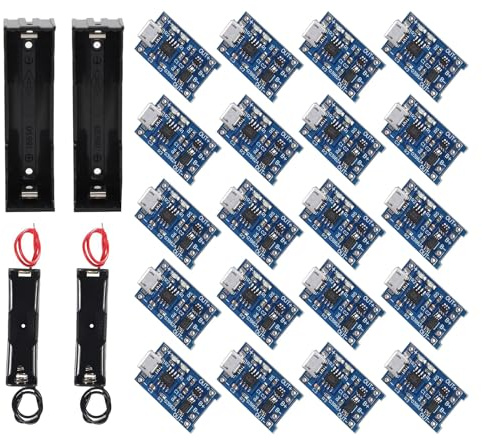 HUAZIZ TP4056 Micro USB Input Interface 5V 1A 18650 Lithium Battery Charger Module Charging Board with Double Protection Function + 4 Pieces 3.7V 18650 Battery Holder Pack of 20