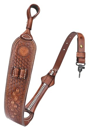 TOURBON Cowhide Leather Rifle Sling and Swivels Hunting Gun Carry Strap with 243, 30-06, 30-30 Ammo Holder Loops Handmade Gift
