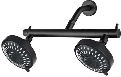 Beiyi Double Dual Shower Head with Built-in Valve, High Pressure 5 Function 2 Person Couples Shower Head, Matte Black