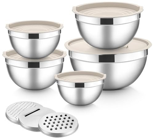 HaWare Mixing Bowls Set of 5, Stainless Steel Nesting Salad Bowl with Airtight Lids & 3 Grates, Idea for Baking/Prepping/Serving/Food Storage, Dishwasher Safe- 0.7/1/1.5/2.6/4.6L, Khaki