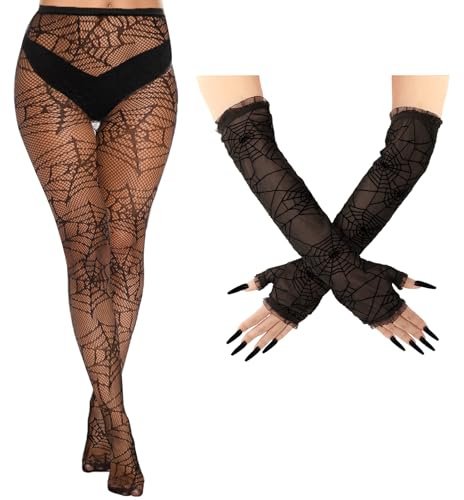 Lusofie Spinnennetz Handschuhe Tights Strümpfe Armstulpen Gothic Halloween Snake Tights Strumpfhosen für Damen Spinnennetz Armschützer Halloween Hexenkostüm Zubehör