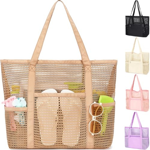 Fammart Mesh Beach Bag for Women, Casual Hobo Bags Large Beach Tote for Pool Travel Cruise Vacation Essentials, Sandproof Bottom - Khaki