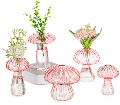 Glasseam Pilz Kleine Vasen für Deko: Glas Vase Klein Propagation Station | 5er Rosa Mini Blumenvase, Wohnzimmer, Esstisch, Fensterbank, Home Deko, Geschenk für Mama Freunde Pflanze Liebhaber