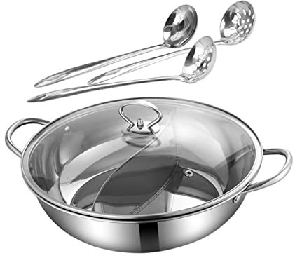 PRETYZOOM Pentola Hot Pot in Acciaio Inossidabile Con Divisorio Doppio Multiuso Per Cucina Induzione Gas e Fornelli Completo Con Cucchiaio e Scolapasta Facile Da Pulire e Adatta Riunioni Fam