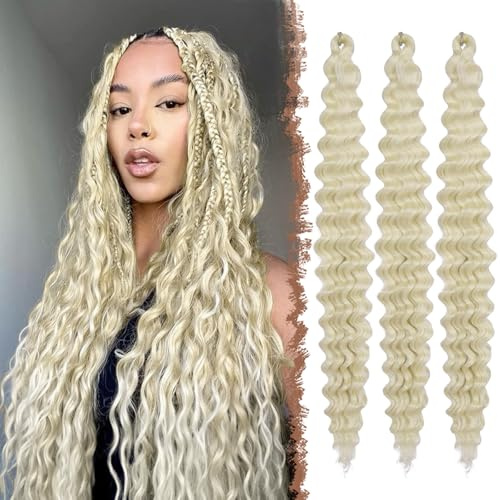 FESHFEN Ocean Wave Crochet Hair extension - 3 Pezzi Estensioni Capelli per Treccine a Onde Biondo Chiaro Sintetici Ondulati Braiding Trecce Boho Posticci Extensions per Donne, 55 cm