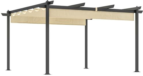 Outsunny Pergola env. 4x4m Pavillon de Jardin, Toit de terrasse en Aluminium, Pavillon de Jardin avec Toit réglable, autoportant, Protection Solaire pour terrasse et Jardin, Beige