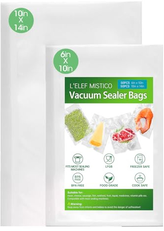L'ELEF MISTICO Vacuum Sealer Bags for Food, 100 Pre-cut 15cm x 25cm (50) + 25cm x 35cm (50) BPA Free Storage Bags, Heavy Duty Embossed Food Seal Bags for Sous Vide, Meal Prep