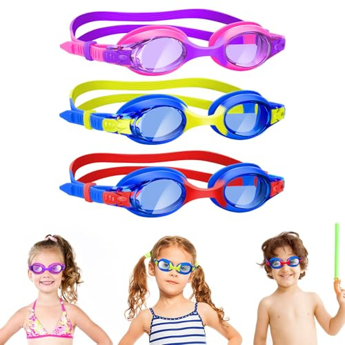 Vvinca Kids Swim Goggles, 3 Pack Toddler Swimming Goggle with Comfortable Soft Silicone Nose Bridge No Leak Clear Vision Anti-Fog UV Protection Easy Adjustment Pool Swim Goggles for Kids Youth 3-14