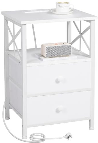 AMHANCIBLE Bedside Table, Side Table with Charging Station, Bedside Cabinet with 2 Fabric Storage Drawers, End Table, Sofa Side Table for Small Spaces, Nightstand for Living Room, White HET05XWT-1