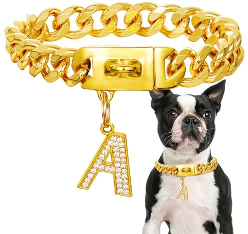 Goldenes Hundehalsband mit Anhänger,Edelstahl-Walking-Metallhalsband,19mm breit, schweres kubanisches Glied,Starke,kausichere Halsbänder für mittelgroße und große Hunde(35cm)
