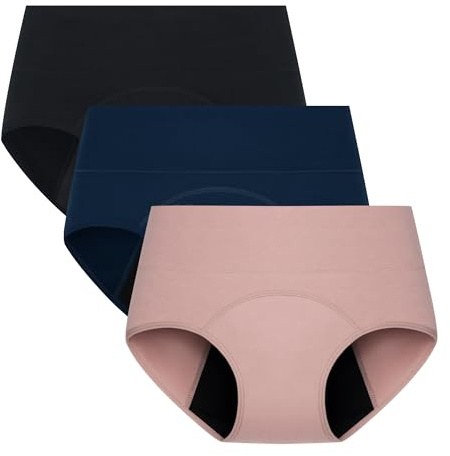 POPKOK Period Underwear for Women High Waisted Postpartum Menstrual Pantie Leakproof Cotton Briefs Plus Size 3 Pack(XXL, Black/Navy/Rosybrown)