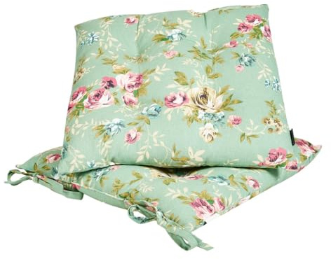 Dining Chair Seat Pad Set of 2 Tie On Floral Print Chair Cushions (Green)