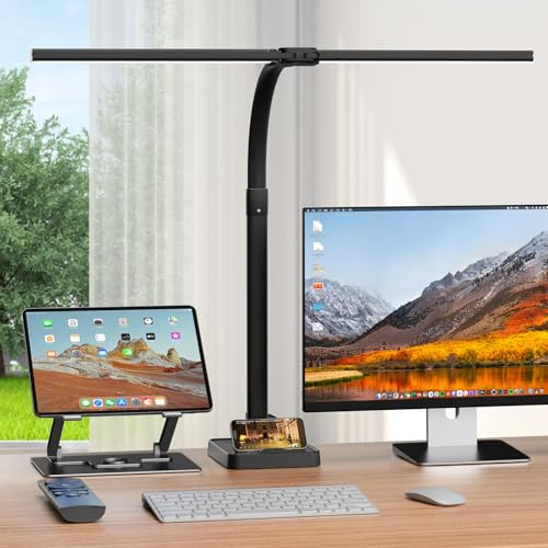APMIEK Doppelkopf Schreibtischlampe LED Dimmbar mit Sockel, 24W 76CM Schreibtischlampe Klemmbar, 3200K-6500K Schwanenhals Büro Tischlampe Augenschutz Arbeitsplatzleuchte Monitor Lampe PC Lampe
