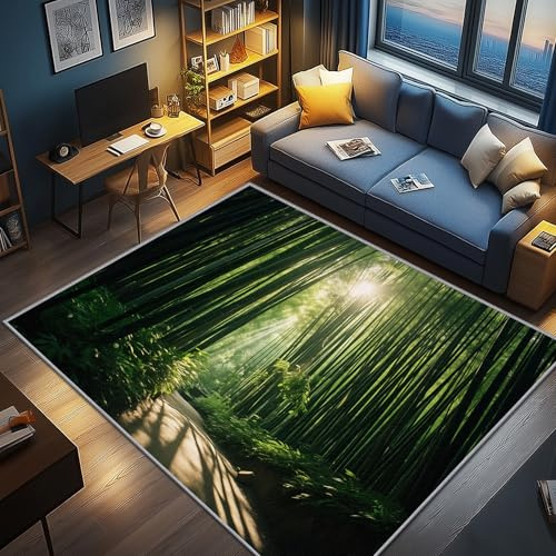 AevuCub Forest Decor - Machine Washable Door Mat Indoor 50 x 80, Green Forest Small Rugs for Bedroom, Bamboo Zen Meditation Patterned Carpet, Non Slip & Soft Low Pile & Stain Resistant