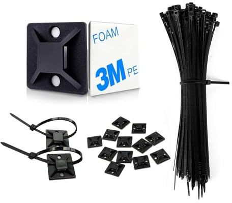 Ferizzia Sujetacables para Atornillar, 100 Piezas Bridas Negras y 100 Base, Piezas Adhesivas para Bridas, Sujeta Cables Pared para Oficina, Exteriores, Casa