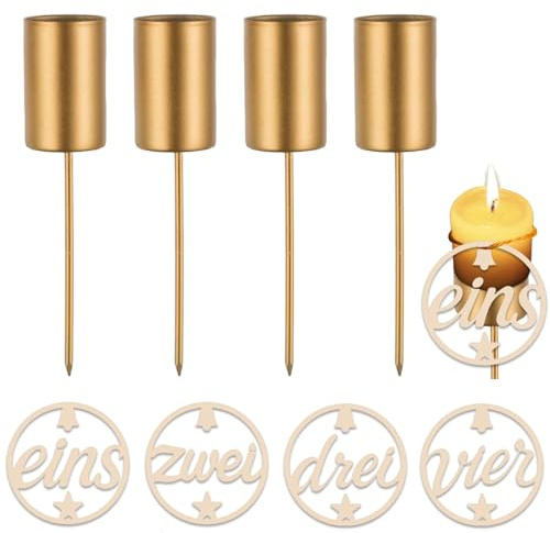 Kerzenhalter Adventskranz, 4er Set Advent Kerzenständer und Adventszahlen Holz 1-4, Adventskranz Zahlen für Kerzen, Stecken Stabkerzenhalter Metall für Weihnachten Deko Tischdeko Kerzen