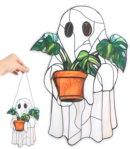 Penitue Décoration de Fenêtre en Acrylique, Adorable Attrape-Soleil en Forme de Plante Fantôme Décoration d'halloween à Suspendre pour la Maison la Fenêtre Porte ou Le Mur