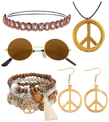 kasahara Hippie Accessoires 5 Stück Set, Hippie Kostüm Damen Herren Kleidung, 60er 70er Jahre Bekleidung Abba Kostüm Accessoires Faschingskostüme Karneval Damen Boho Zubehör (Brown)