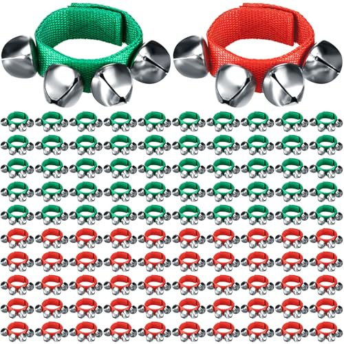 Wettarn 100 Pcs Christmas Jingle Bells Instrument Shaking Band Wrist Bells Bracelets Musical Ankle Rhythm Instrument Percussion Wrist Orchestra Rattles Christmas Party Decoration Favors, Red Green