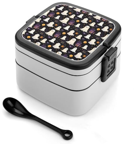 TZTTZT Caja bento con estampado de fantasma de Halloween, bonita lonchera para adultos, mujeres y hombres, recipiente pequeño para ensalada para almuerzo, reutilizable, doble almuerzo, apilable