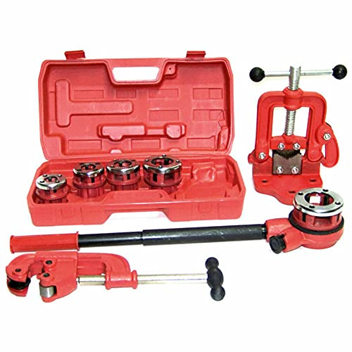 PFXNGMS Filettatrice per Tubi a cricchetto con Set di 5 filiere + tagliatubi n. 2 + morsa per Tubi n. 1, Testa per maschiatura con Impugnatura Portatile, Utensili manuali per idraulica
