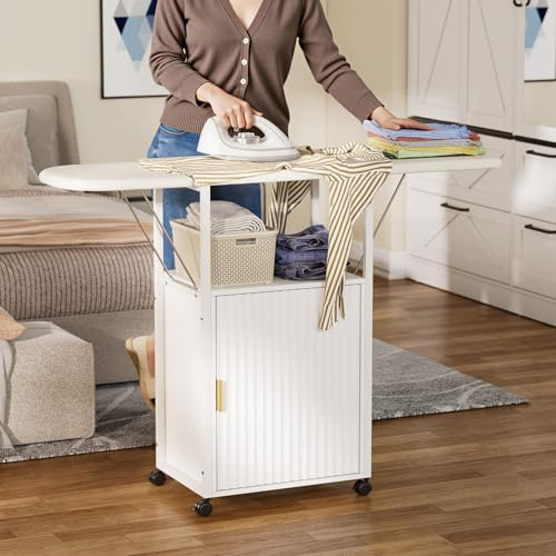 Mueble Plancha,Estación de Planchado Plegable de Madera con Esponja Resistente,Tabla de Planchar Rodante con Armario de Almacenamiento para Sala,Ripostiglio,52.5×37.5×95 cm,Blanco